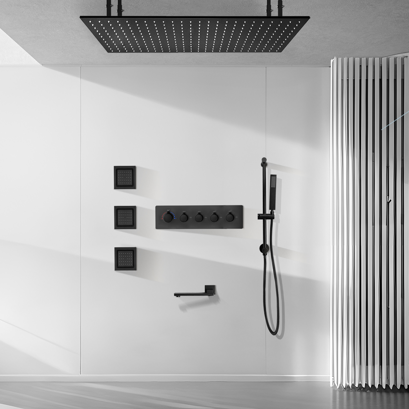 Sistema de cabezal de ducha LED de agua de lluvia grande para baño montado en la pared negro en el techo, baja la salida de agua