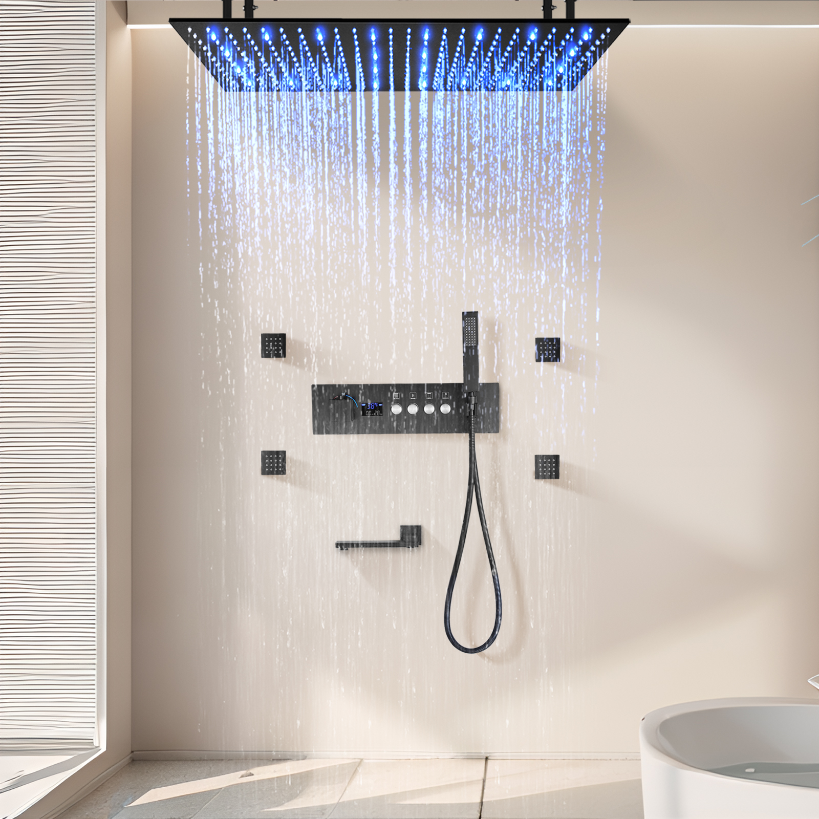 Sistema de grifo de ducha colgante para baño, cabezal de ducha de agua de lluvia LED con temperatura constante, cinta doblada fuera de la entrada de agua