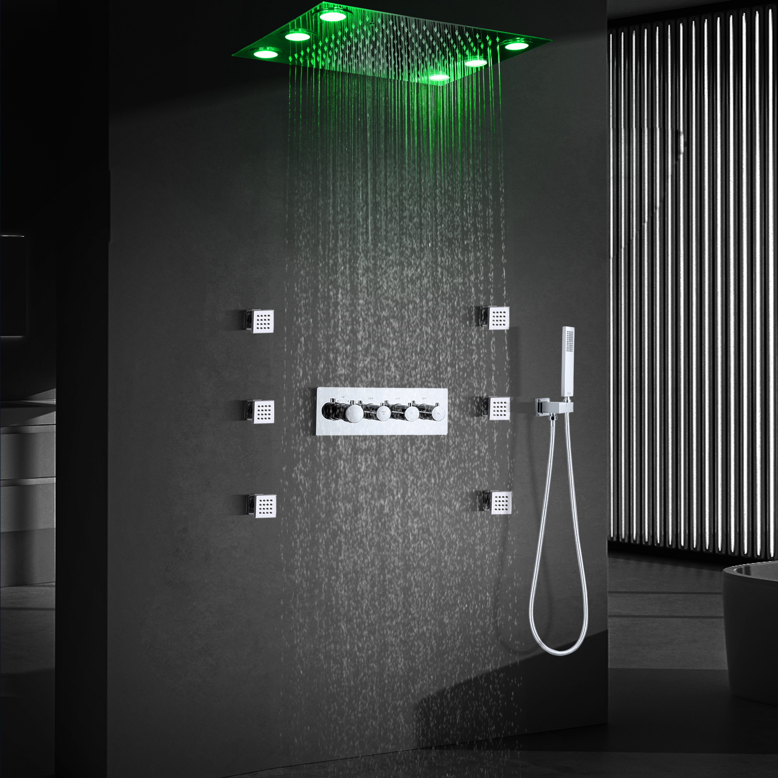 Ducha de baño Grifo de ducha de latón LED Termostato cromado Juego de ducha de bañera oculta