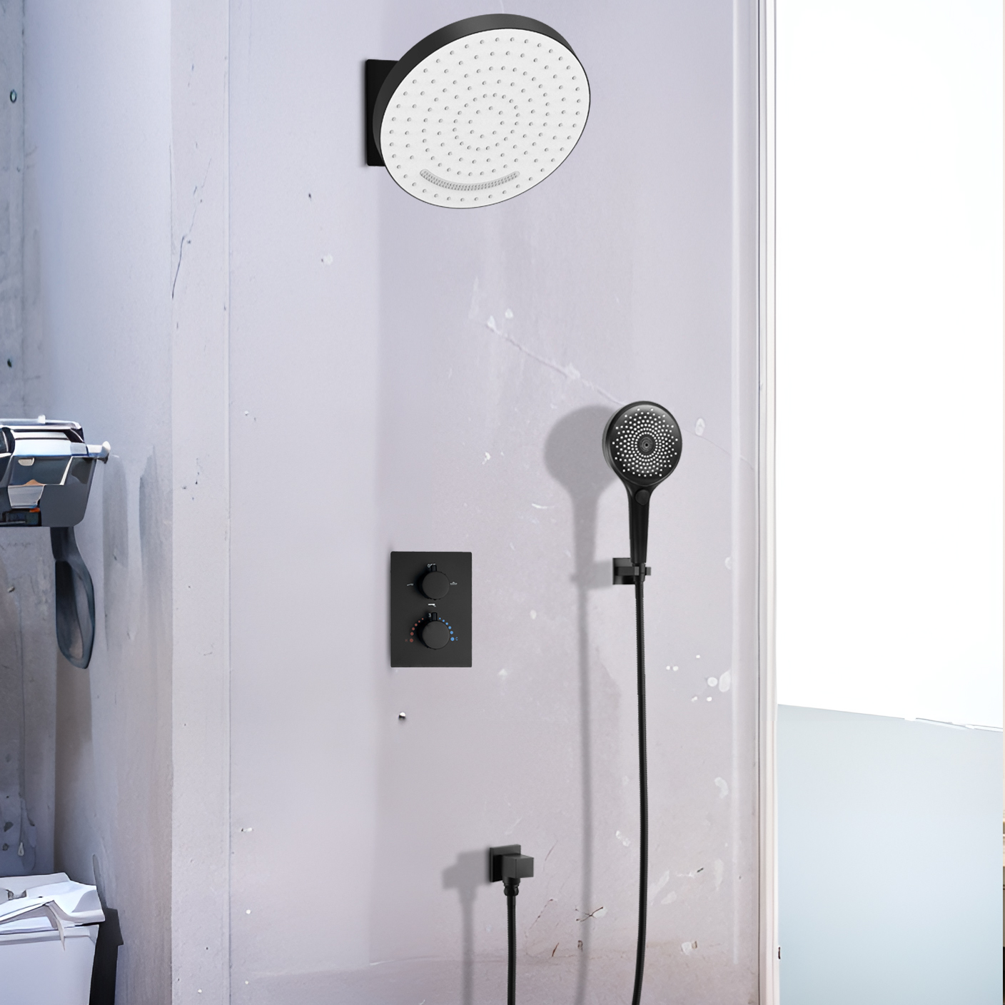 Instalación de placa de flor de cielo negro mate, ducha de lluvia cuadrada, rociador superior, sistema de grifo de agua de ducha de lujo, ducha de lluvia