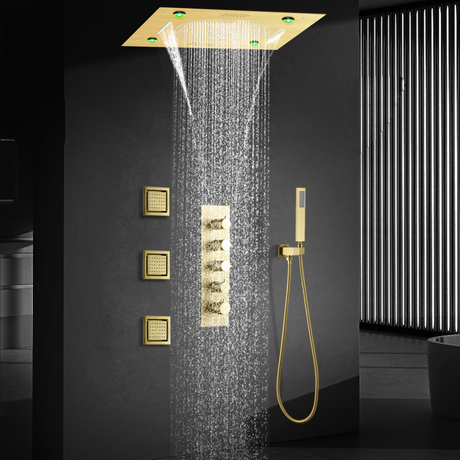 Juego de ducha Musical de Oro pulido de lujo, grifo para baño, sistema de ducha de cascada de selva tropical con temperatura constante