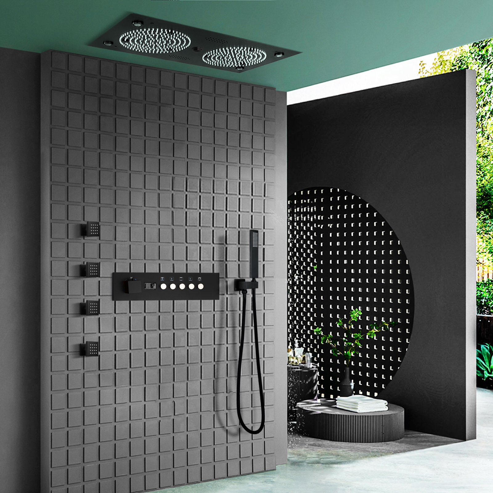 Juego de sistema de ducha negro mate, cabezal de ducha LED de agua de lluvia para baño de 24,5x12,5 pulgadas, rociador de grifo de agua caliente de latón y lujo