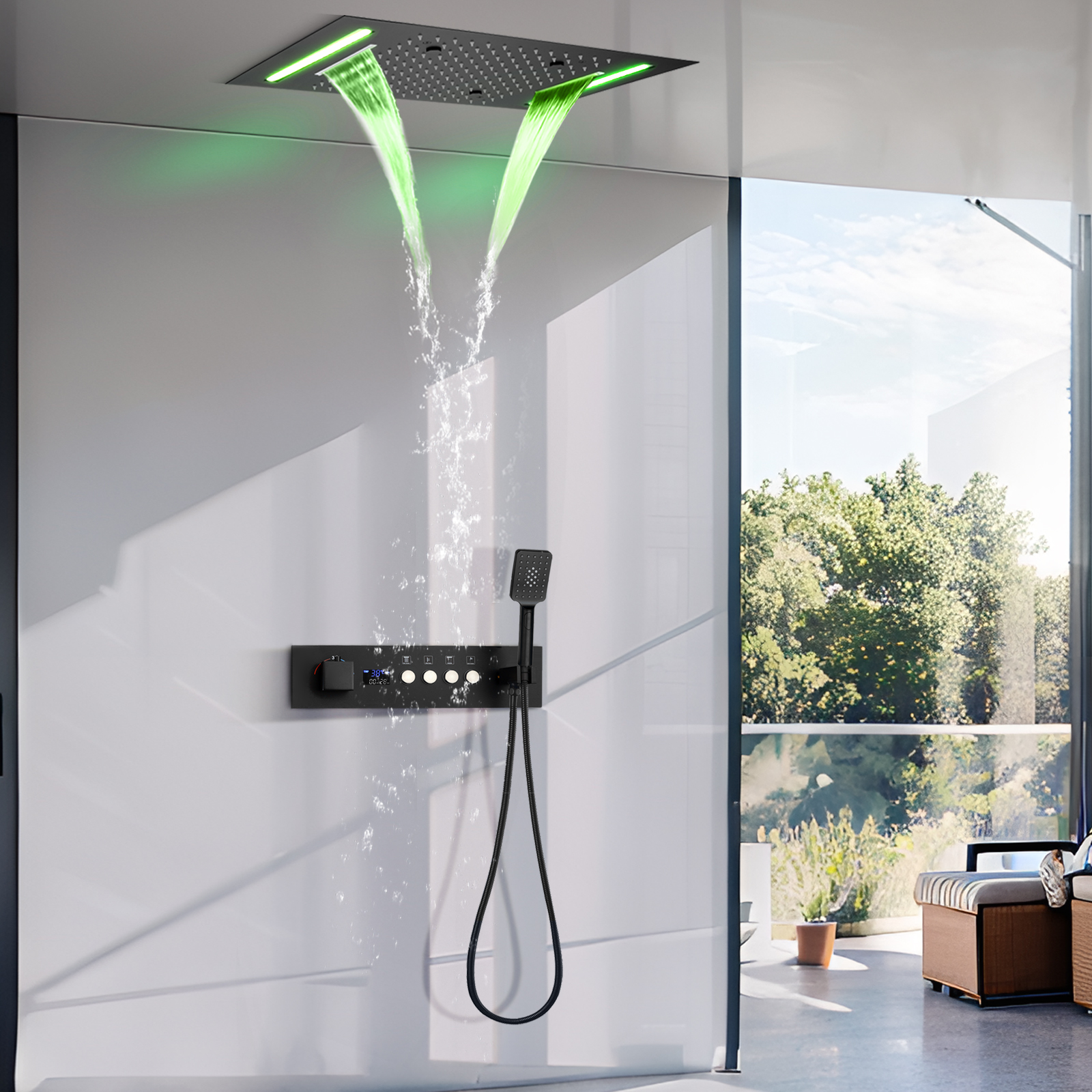 Pantalla LED negra mate, juego de grifo de ducha Digital de temperatura constante, sistema de masaje de ducha de agua de lluvia de 4 funciones