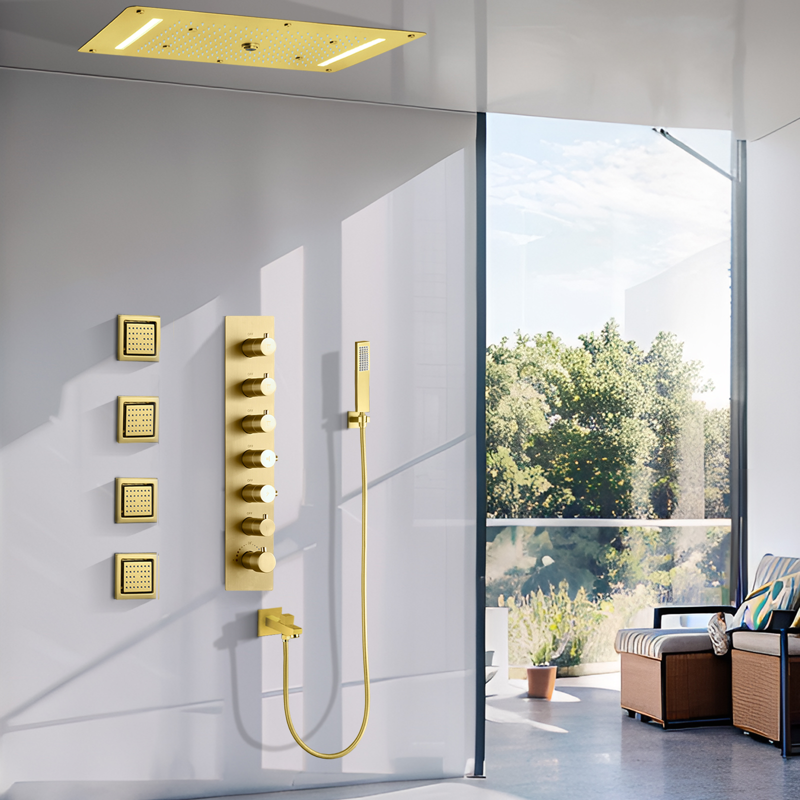70x38cm Oro pulido suite de ducha licuadora colgante cuarto de ducha LED oculto baño grifo de agua sistema de masaje