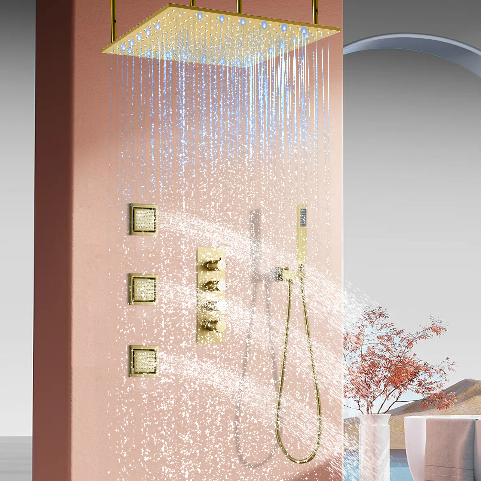 Juego de mezclador de ducha oculto dorado para baño y ducha montado en la pared con cabezal de ducha tipo lluvia
