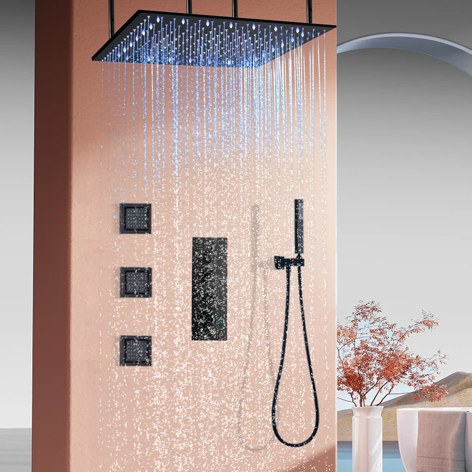 Sistema de ducha de baño cuadrado montado en la pared, juego de grifería de ducha termostática LED, boquilla de masaje para bañera y ducha de lluvia