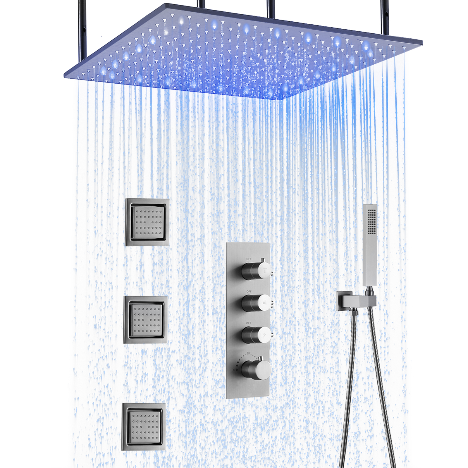Grifo de ducha de lluvia cepillado de 50x50CM, conjunto de ducha de tres funciones montado en la pared de oro negro con cabezal de ducha de masaje con pulverización lateral