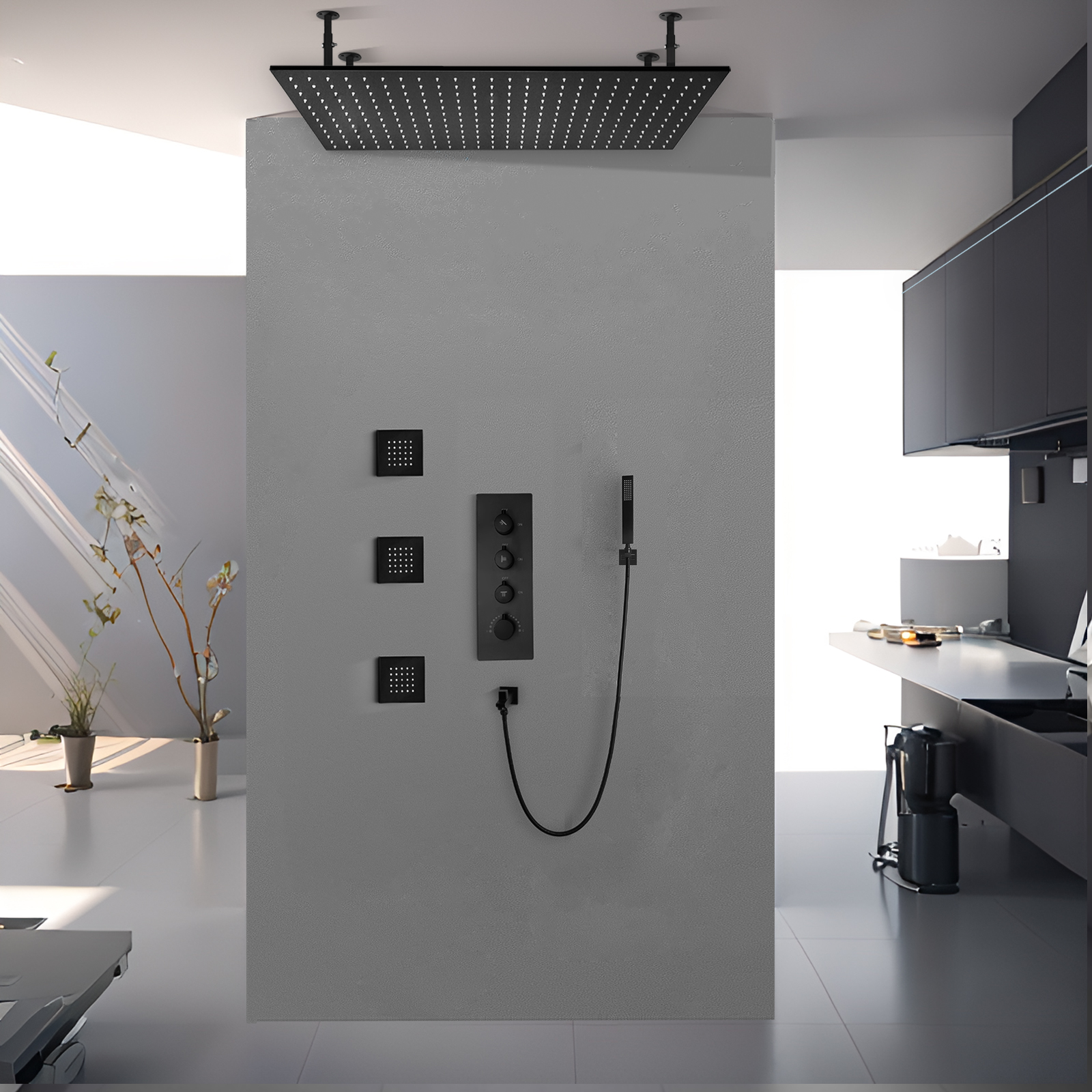 Grifo de agua grande para techo de baño, sistema de ducha LED con pulverización, banda de masaje para bajar el agua, 100x50cm