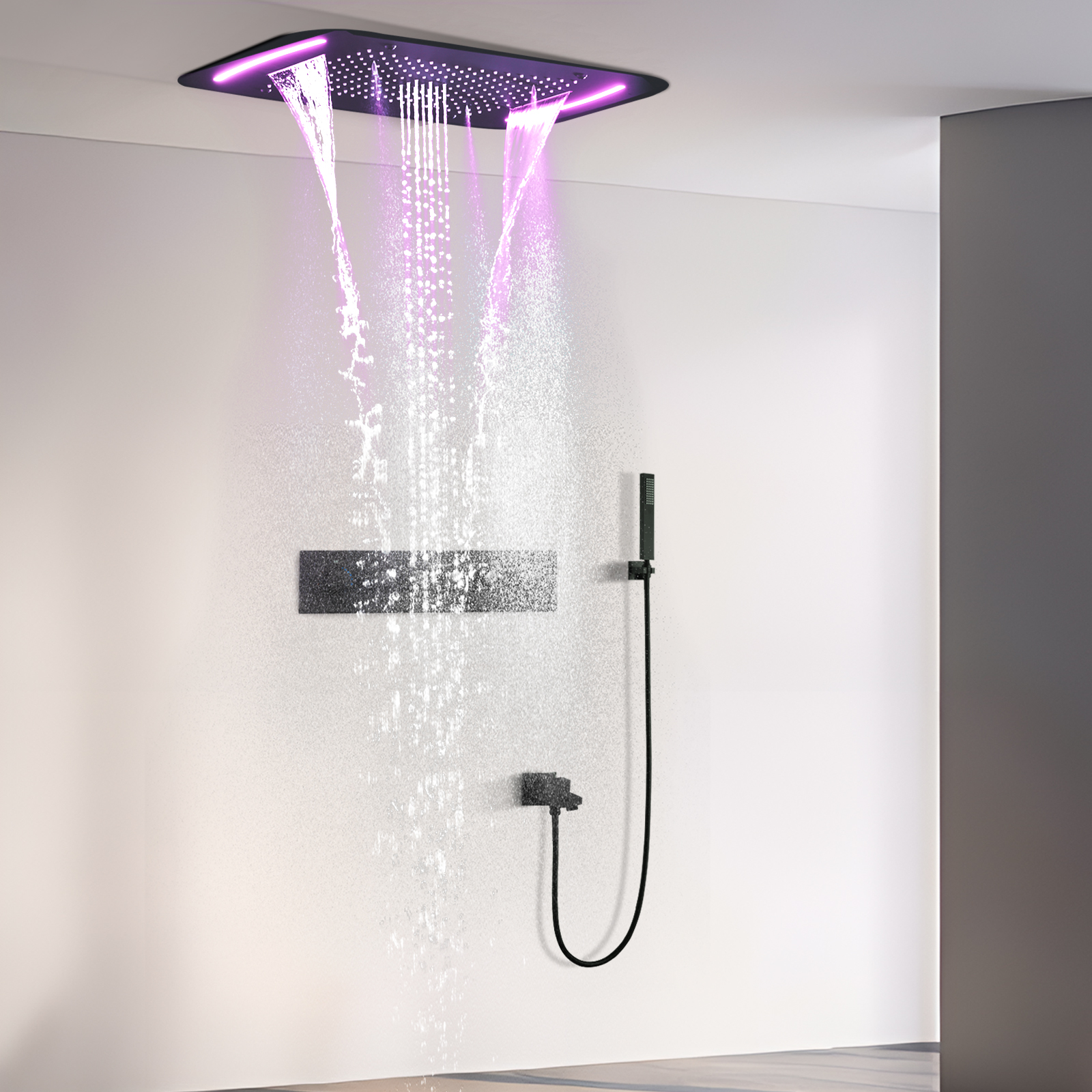 Sistema de ducha LED negro de 71x43cm con techo, gran masaje, temperatura constante, cascada, cabezal de ducha de agua de lluvia, grifo mezclador