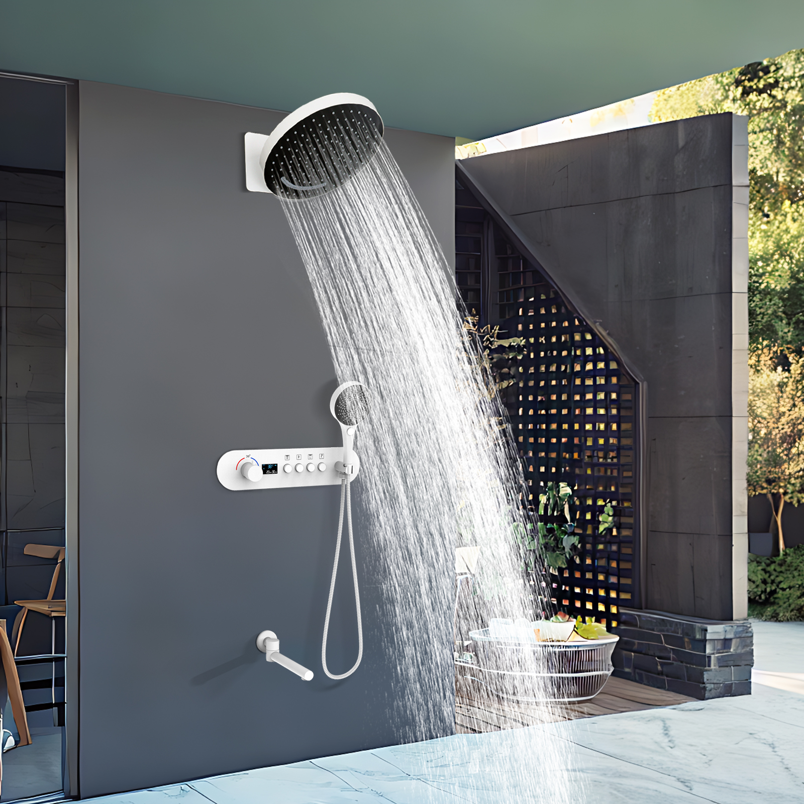 La válvula mezcladora de ducha de temperatura constante y lluvia montada en la pared redonda blanca reduce la salida de agua