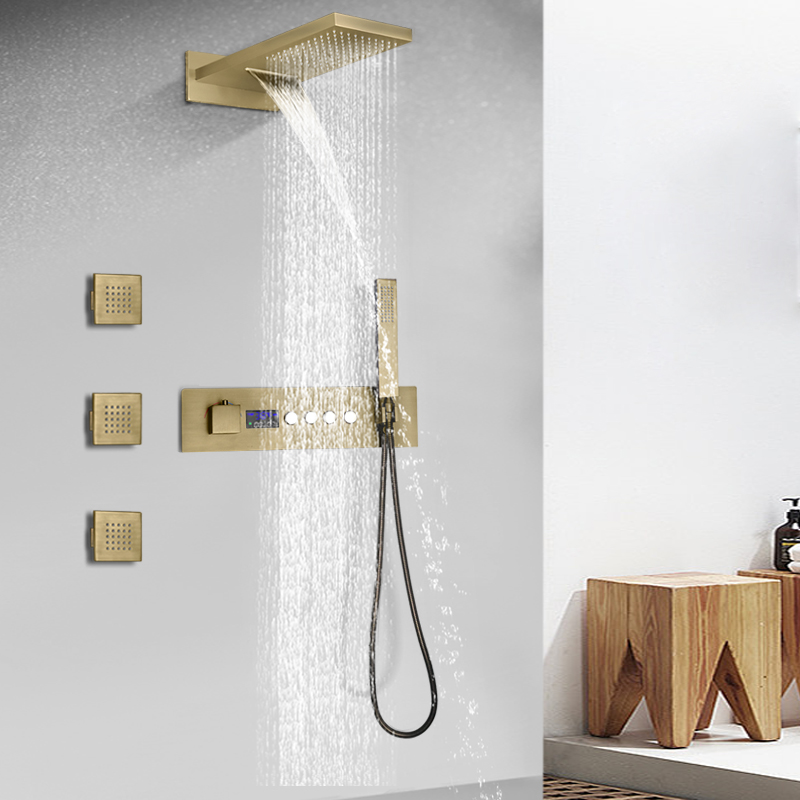 Juego de grifo de ducha termostático con pantalla Digital LED para baño montado en la pared con cabezal de ducha de cascada tipo lluvia