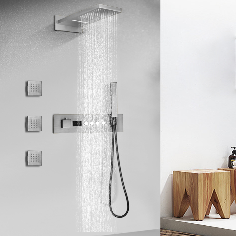 Set de ducha de baño de estilo moderno con cabezal de ducha de cascada de lluvia con chorro de cuerpo principal termostático grifo de ducha montado en la pared
