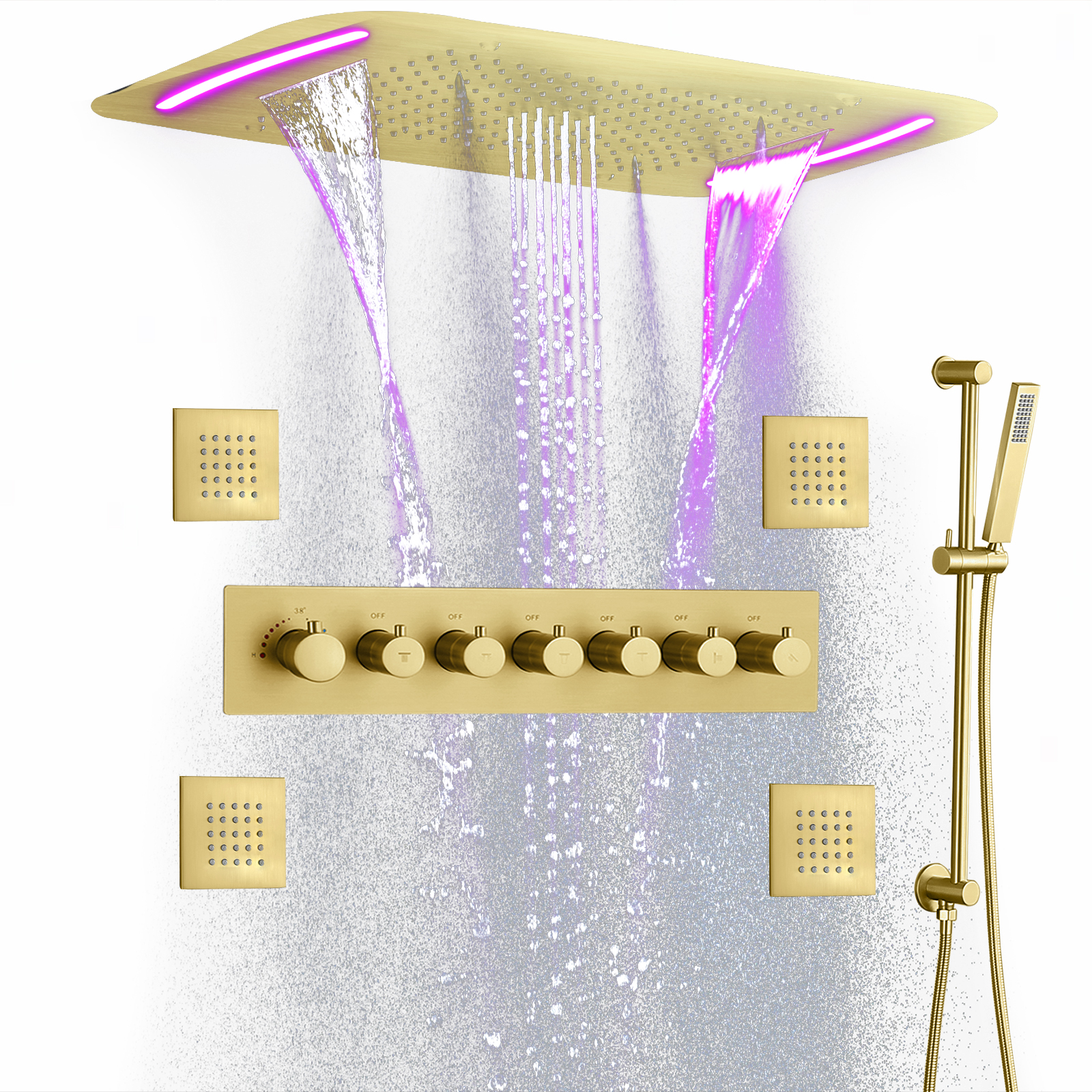 Mezclador de ducha termostático de Oro pulido de lujo, 710x430 MM, LED, cascada de baño, cabezal de ducha oculto, Spa de masaje