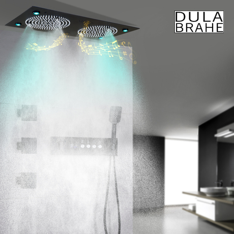 Sistema de ducha LED negro mate, cabezal de ducha de lluvia de 620x320MM con altavoz musical, juego de Grifo de ducha de baño termostático