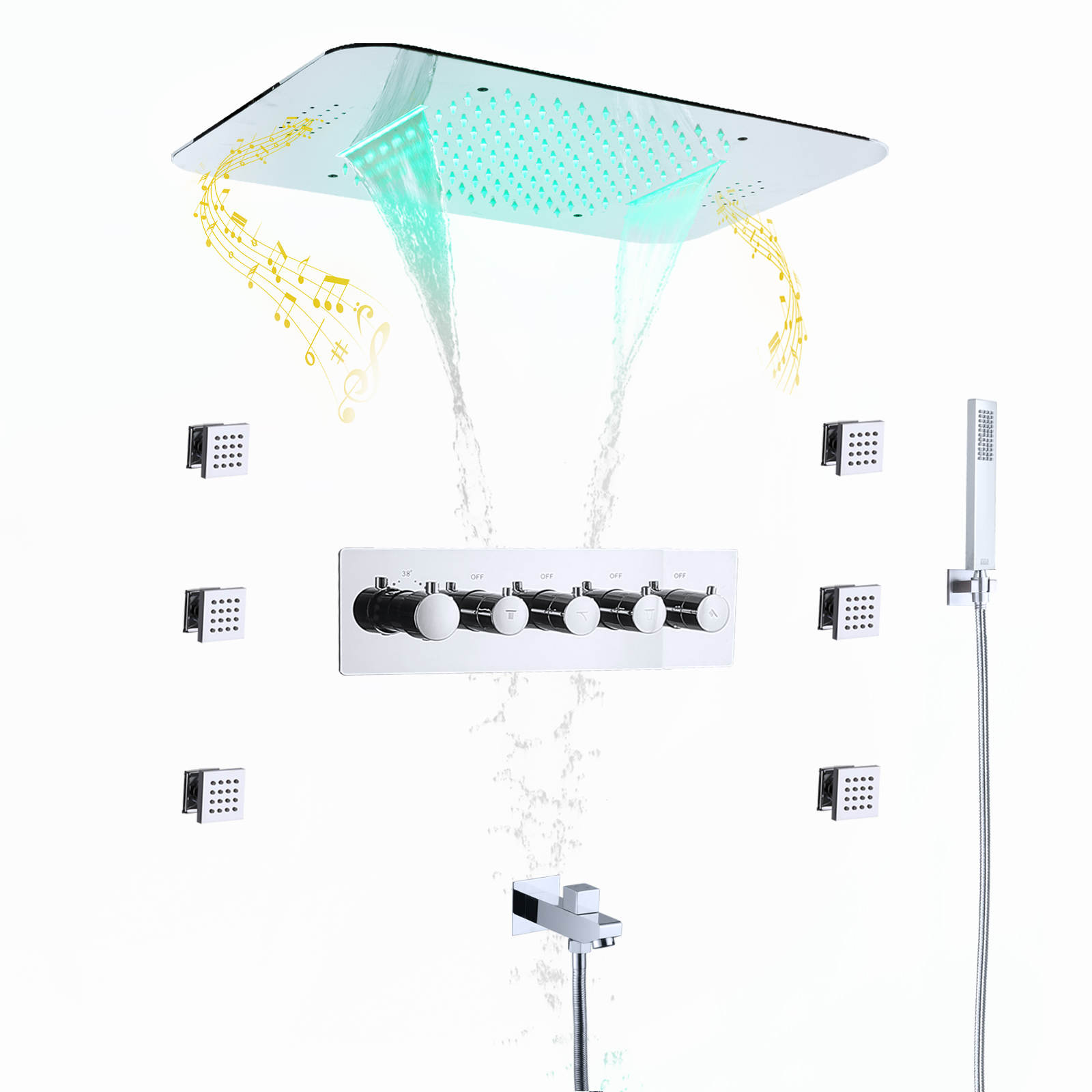 Cabezal de ducha con música LED integrado en el techo, juego de grifo de ducha con cuerpo principal de agua fría y caliente de lluvia y cascada de 580x380mm