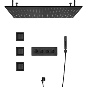 Sistema de cabezal de ducha tipo lluvia de 100x50cm negro mate de latón montado en la pared Kit de ducha LED para baño de cuatro funciones