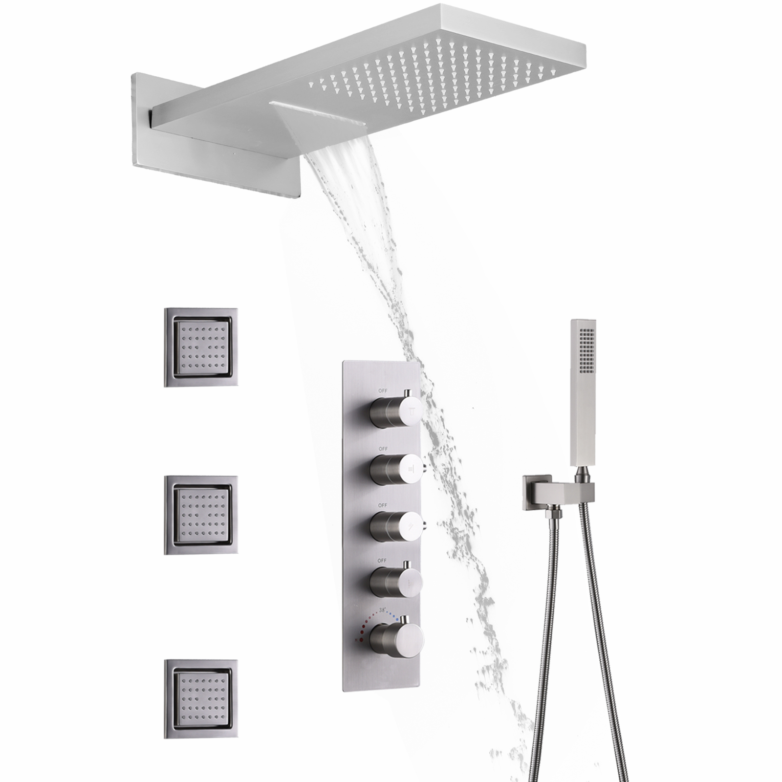 Grifo de ducha montado en la pared cepillado, juego de mezclador de ducha de baño, cabezal de ducha de cascada de lluvia