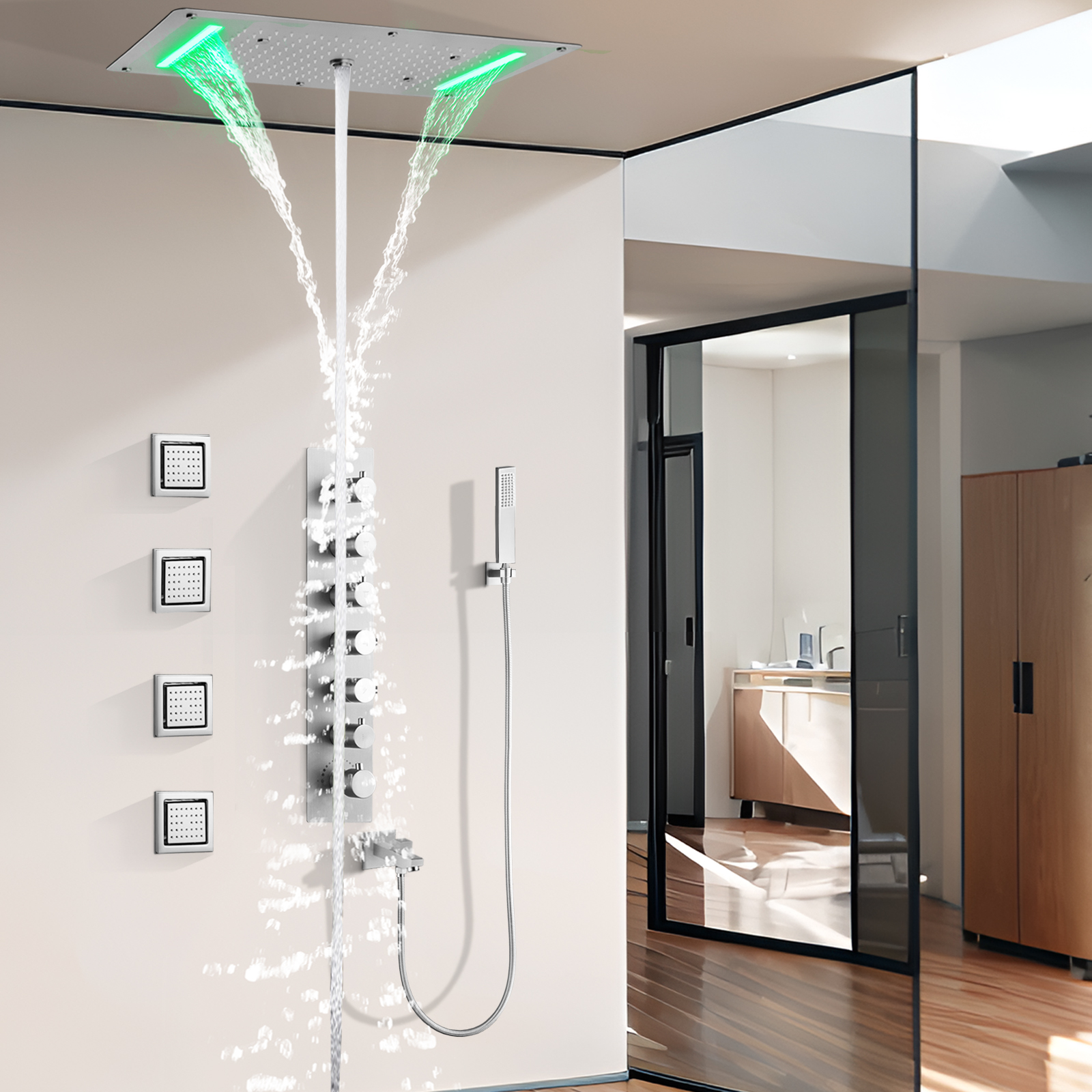 Ritting-Cabezal de ducha de níquel, temperatura constante, enjuague el baño, Panel LED para ducha moderno y oscuro, atomizador para Spa