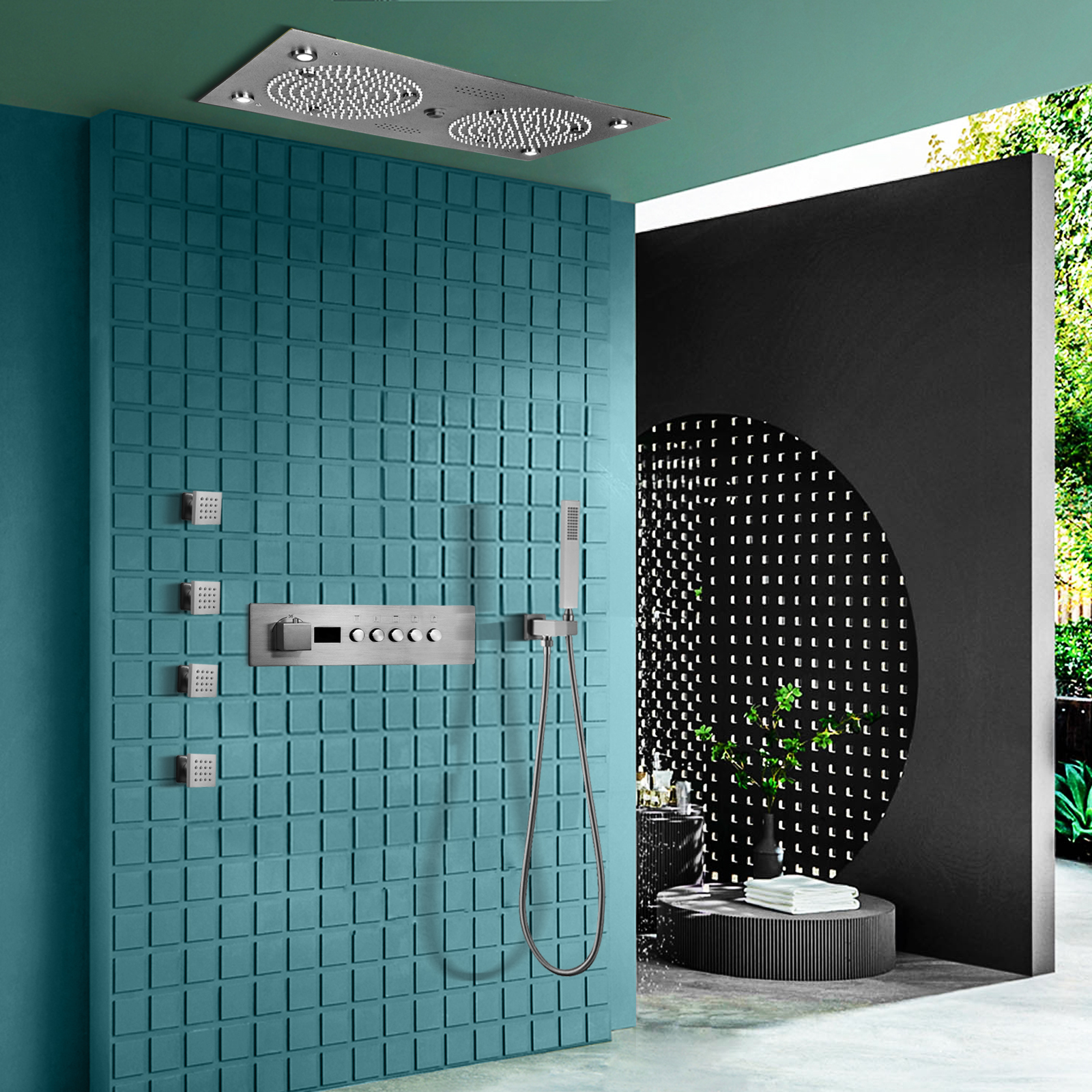 Gorros de ducha con música LED de 24,5x12,5 pulgadas, gorros de ducha con temperatura instantánea, muestra de temperatura, pilar de agua de madera seca