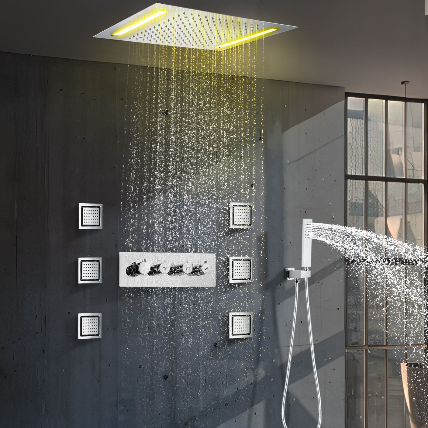 Instalación de techo cromada de 50x36cm, válvula de calefacción cuadrada LED, sistema de grifo de agua para ducha de lluvia