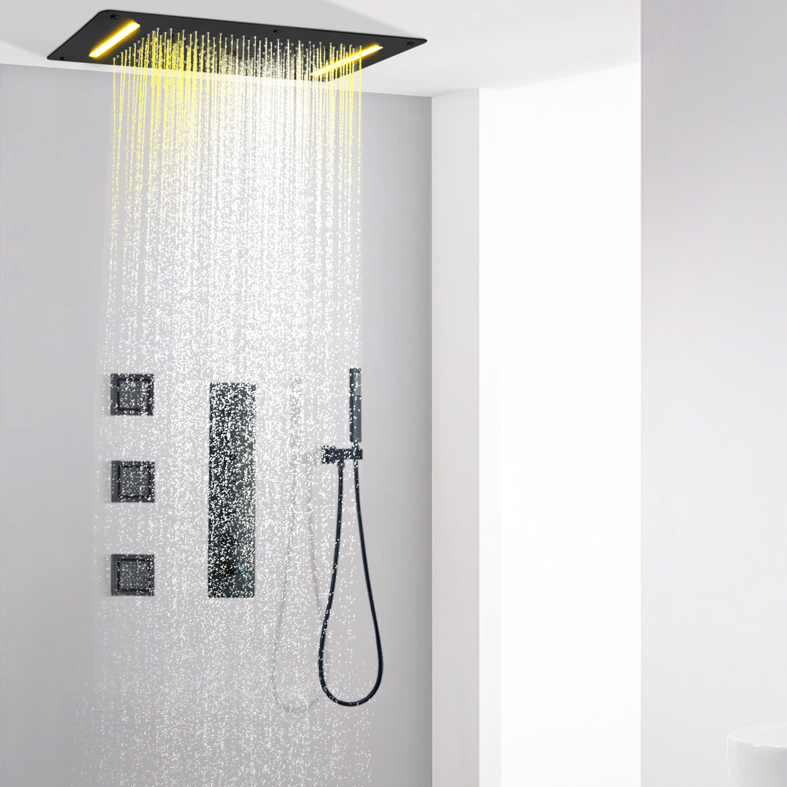 Sistema de grifo de ducha de pared de latón negro mate, juego de cabezal de ducha multifuncional con columna de lluvia de gran flujo y temperatura constante para baño