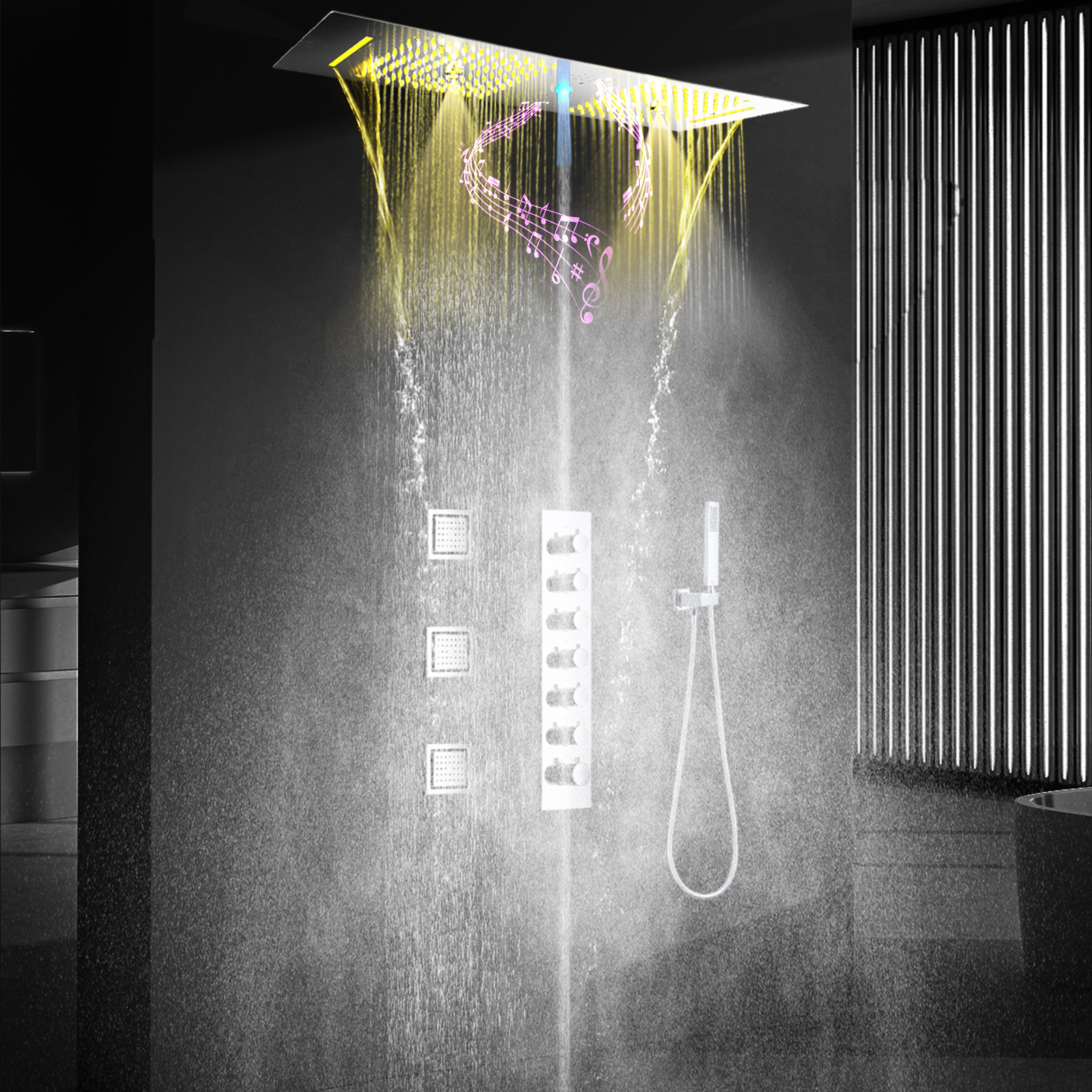 Cabezal de ducha LED cromado pulido con boquilla para grifo de lluvia, juego de grifo de ducha termostático empotrado en el techo para baño