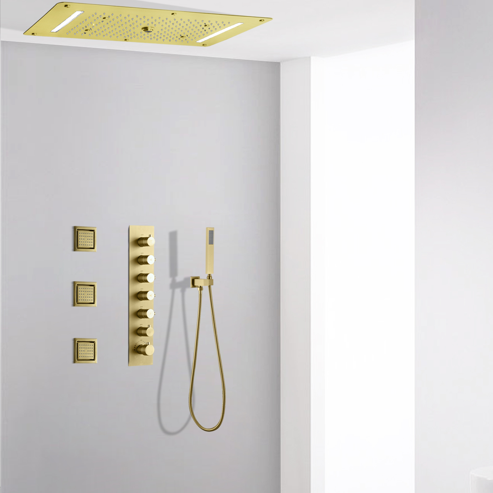 Sistema de ducha LED oculto para baño, grifo de ducha de lluvia en cascada, conjunto de masaje de columna de ducha con pulverizador, Oro pulido de lujo