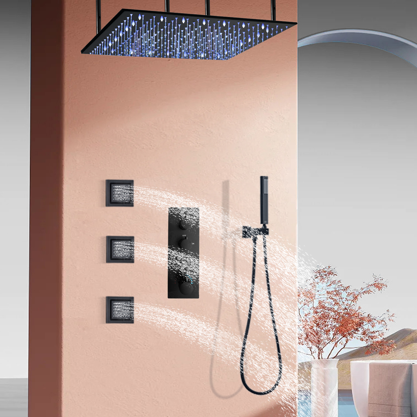 Sistema de ducha de baño cuadrado montado en la pared, juego de grifería de ducha termostática LED, boquilla de masaje para bañera y ducha de lluvia