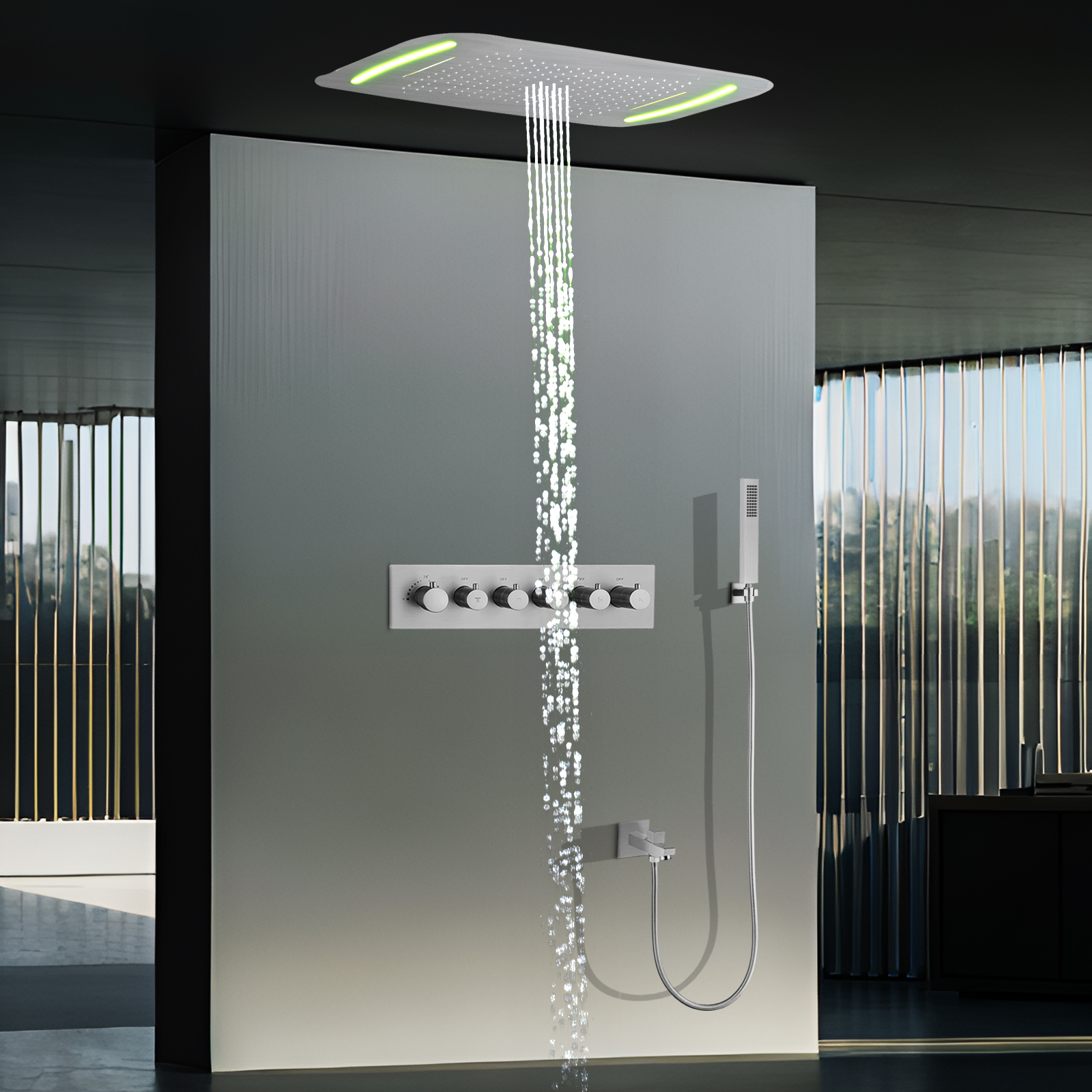 Níquel cepillado 71x43cm LED temperatura constante ducha cabeza de dragón techo lluvia Pilar sistema de cabezal de ducha Kit