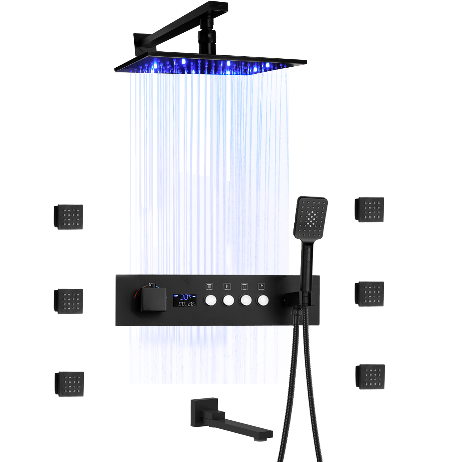 Sistema de ducha LED negro mate para baño, mezclador de latón, número que muestra el sistema de cabezal de ducha caliente y constante