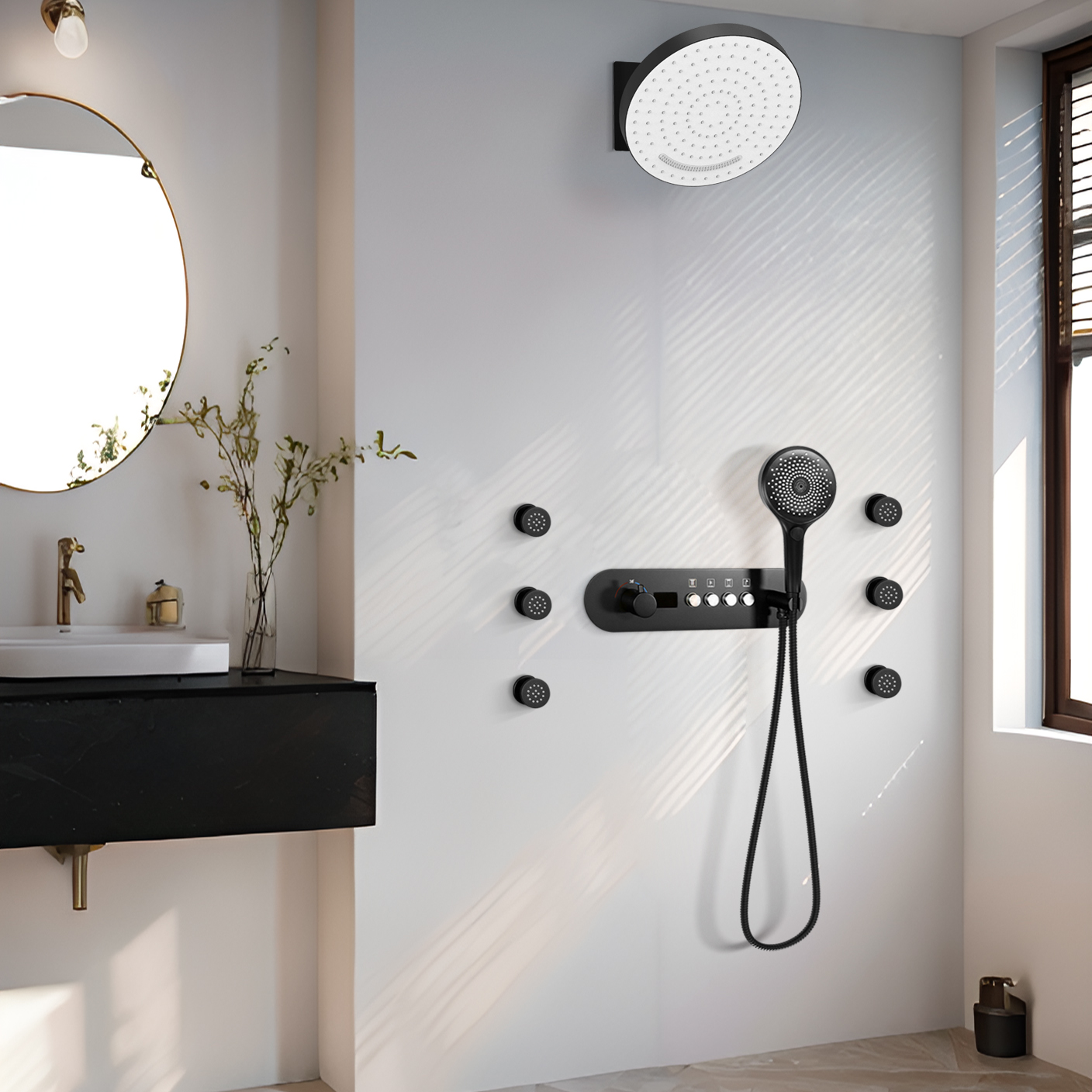 Grifo de agua de ducha explícito con número de temperatura constante de suite de cuarto de ducha de pared de lavado negro