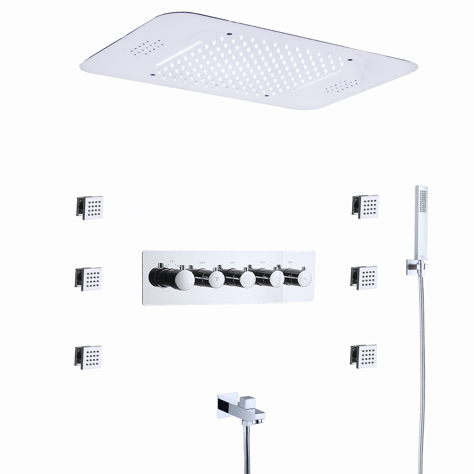 Sistema de ducha con cabezal LED musical, juegos de baño y ducha termostáticos con lluvia y cascada de 23x15 pulgadas para baño