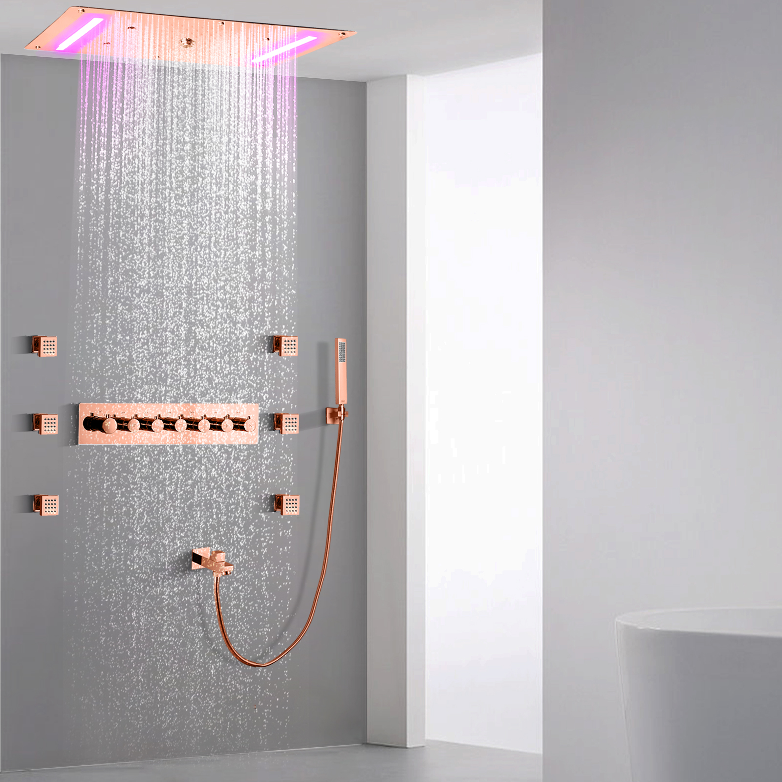 Juego de grifo de ducha de oro rosa, LED de 70x38 CM, temperatura de baño, cascada de lluvia, burbuja atomizadora con mano