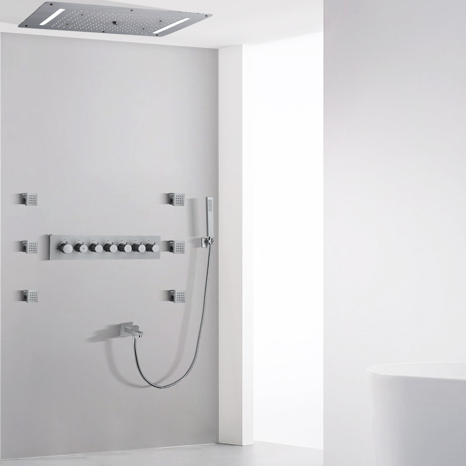 Juego de grifería de ducha termostática de níquel cepillado, LED de 70x38 CM, ducha de masaje de burbujas atomizadora en cascada para baño