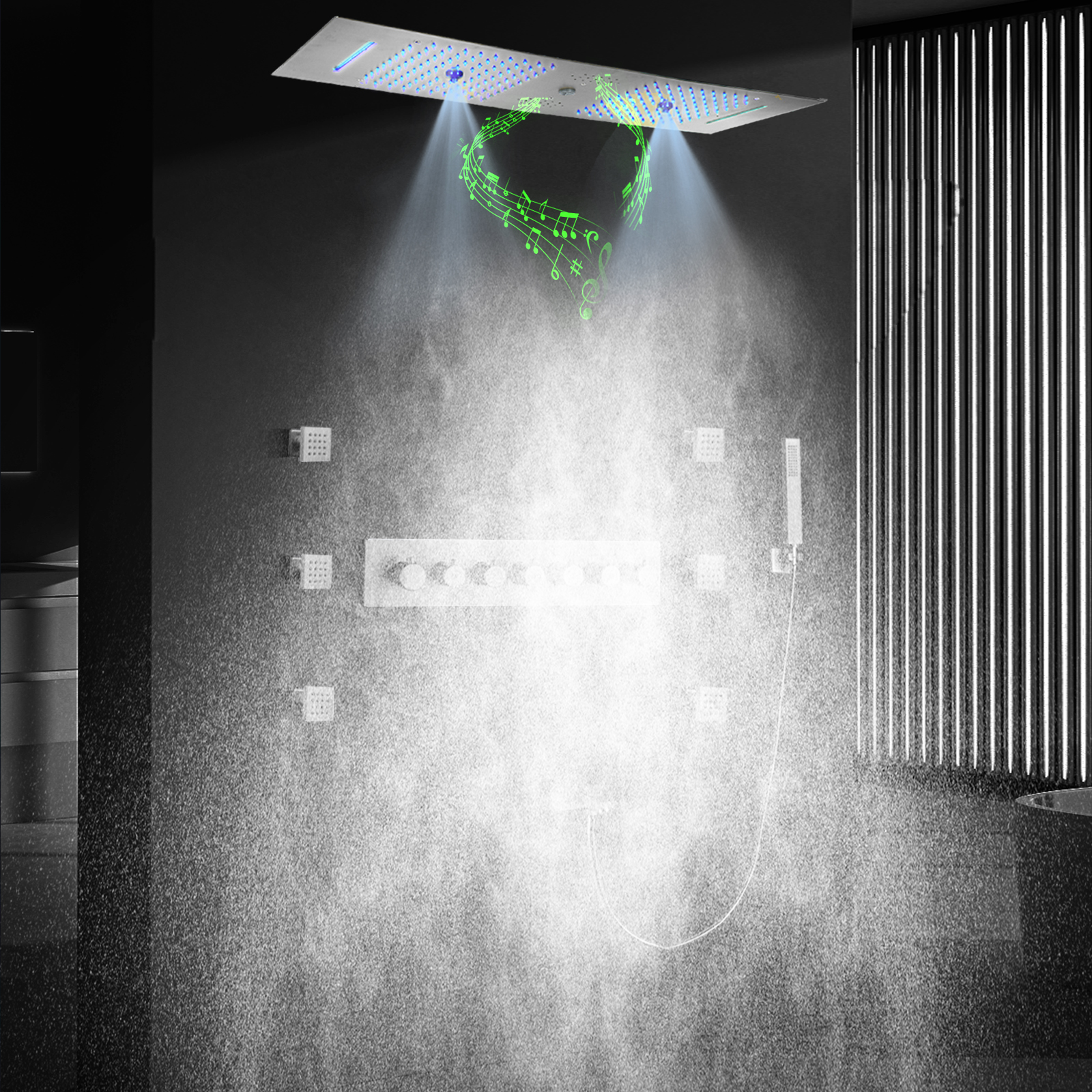 Juego de ducha LED tipo lluvia de estilo contemporáneo con mosaico cepillado y cabezal de ducha musical