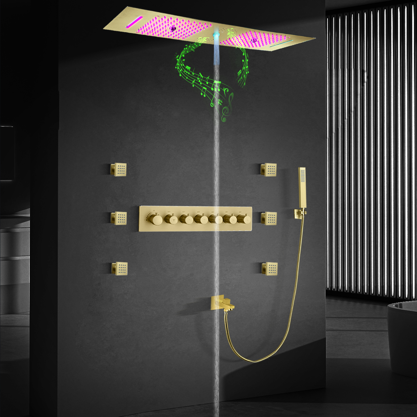 Cabezal de ducha LED de Oro pulido con altavoz musical, juego de grifería de ducha termostática para baño empotrado en techo de ducha doble, altavoz musical