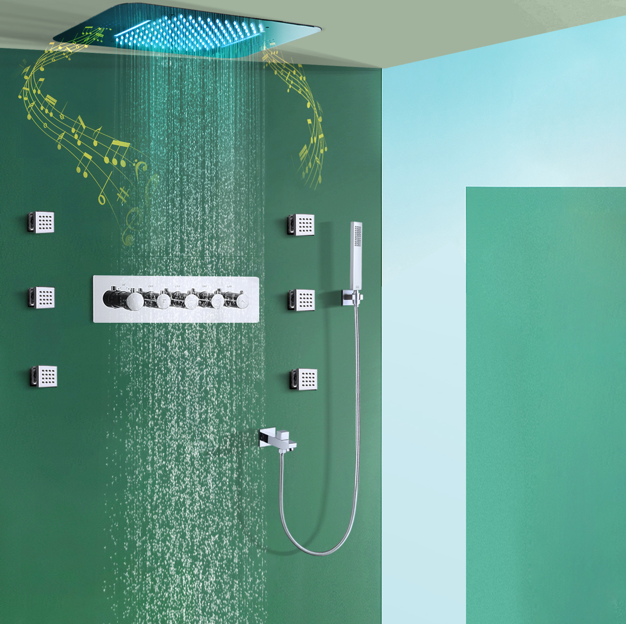 Cabezal de ducha con música LED integrado en el techo, juego de grifo de ducha con cuerpo principal de agua fría y caliente de lluvia y cascada de 580x380mm