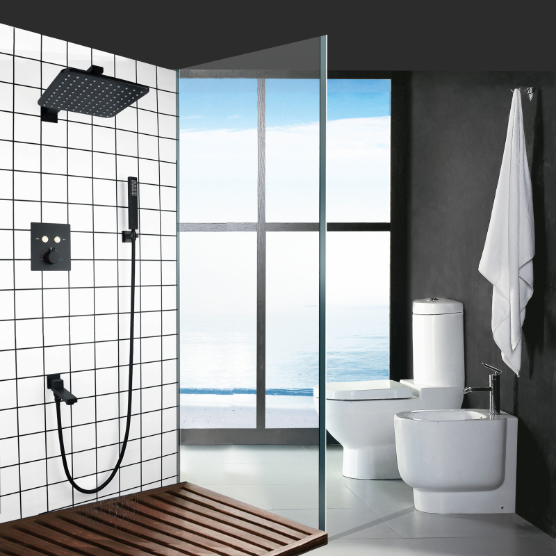 Precipitaciones termostáticas de la pared del mezclador de la ducha del baño del botón del negro mate de lujo con el asimiento de la mano