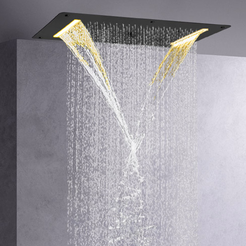 Grifos de ducha negros mate, LED de 70x38 CM, ducha multifunción para baño, cascada, lluvia, burbuja atomizadora