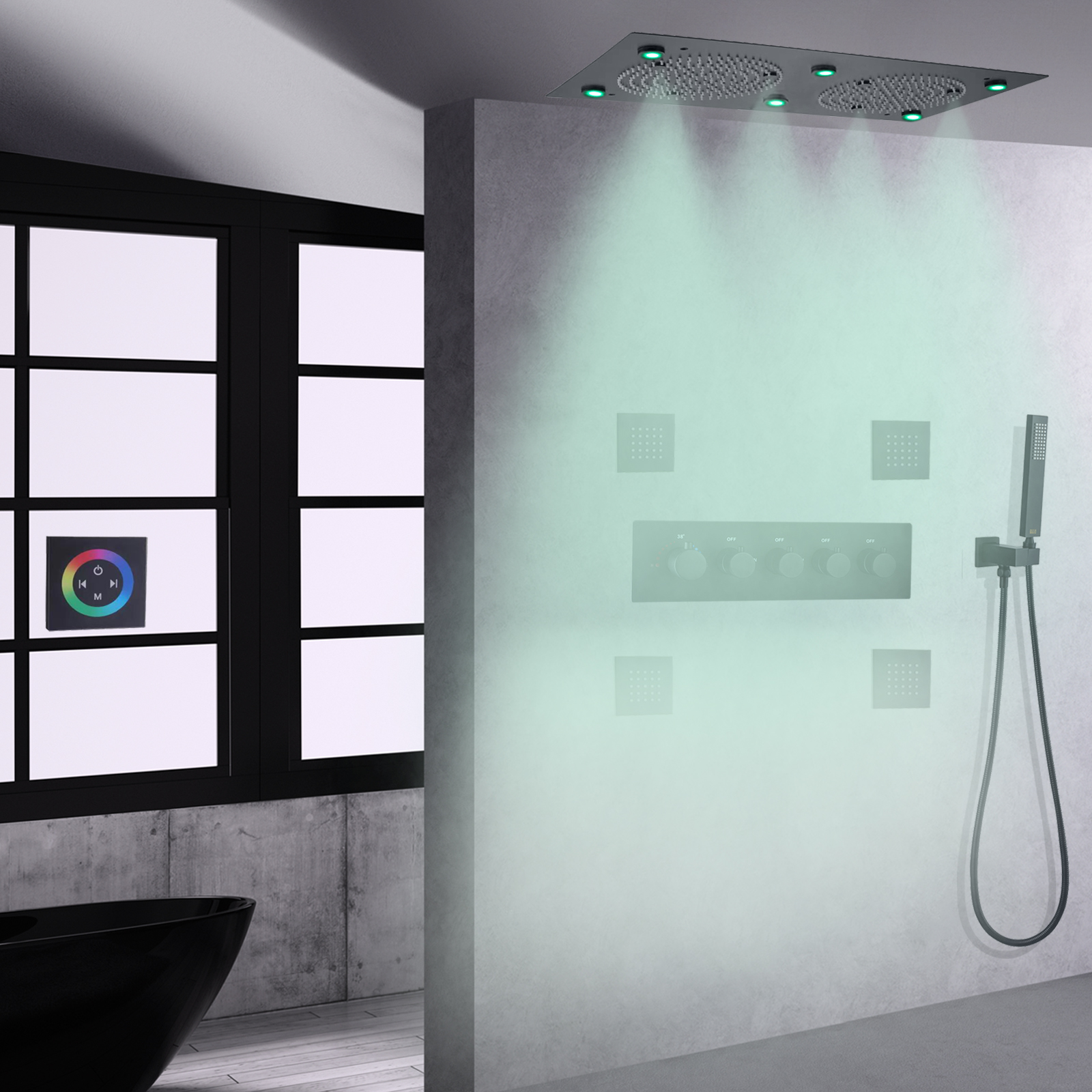 Mezclador de ducha de baño de techo empotrado de gama alta, color negro mate, ducha de masaje termostática LED de 7 colores
