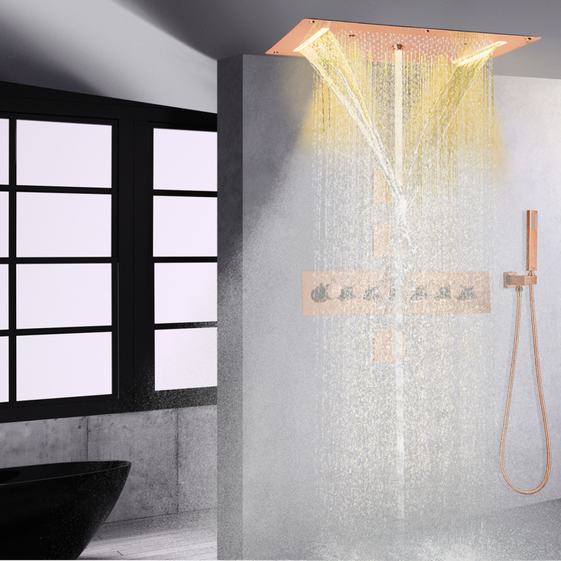 Sistema de ducha LED termostático de oro rosa, montaje en pared para baño, techo, niebla, lluvia, cascada, conjunto combinado de ducha