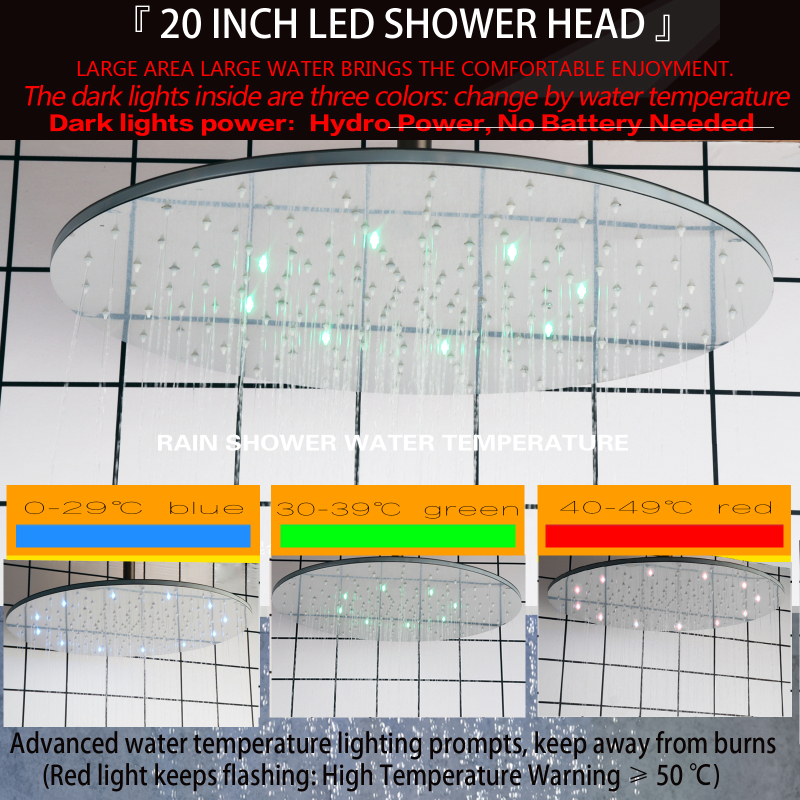 Níquel cepillado 20 LED pulgadas termostático baño moderno grifos de ducha tipo lluvia juego de ducha que cambia de temperatura de 3 colores