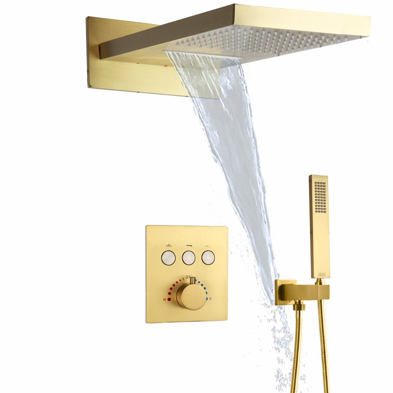 Juego de ducha con botón de presión en cascada termostática de Oro pulido, combinación de ducha de mano tipo lluvia para baño