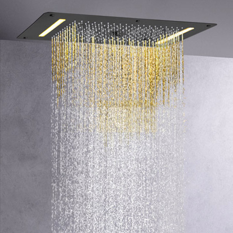 Mezclador de ducha de baño de gama alta LED, sistema de cascada, ducha multifunción, negro mate, 70x38 CM