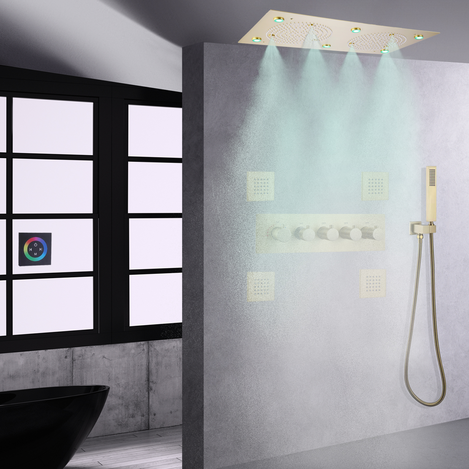 Oro cepillado 62*32 CM LED ducha montada en la pared termostática grifo de ducha tipo lluvia de alto flujo