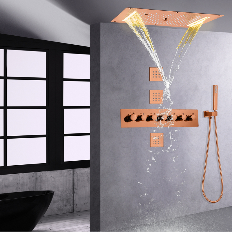 Sistema de ducha de lluvia LED de oro rosa con ducha de bañera de baño moderna termostática de mano