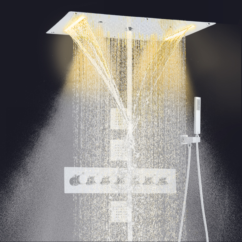 Cabezal de ducha de lluvia termostático cromado 700X380 MM LED juego de ducha montado en la pared de lluvia de niebla de cascada de baño de lujo LED