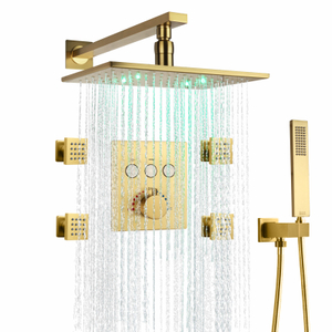 Cabezal de ducha de lluvia de Oro pulido con rociador de mano montado en la pared Sistema de ducha de lluvia LED termostático de 8 x 12 pulgadas
