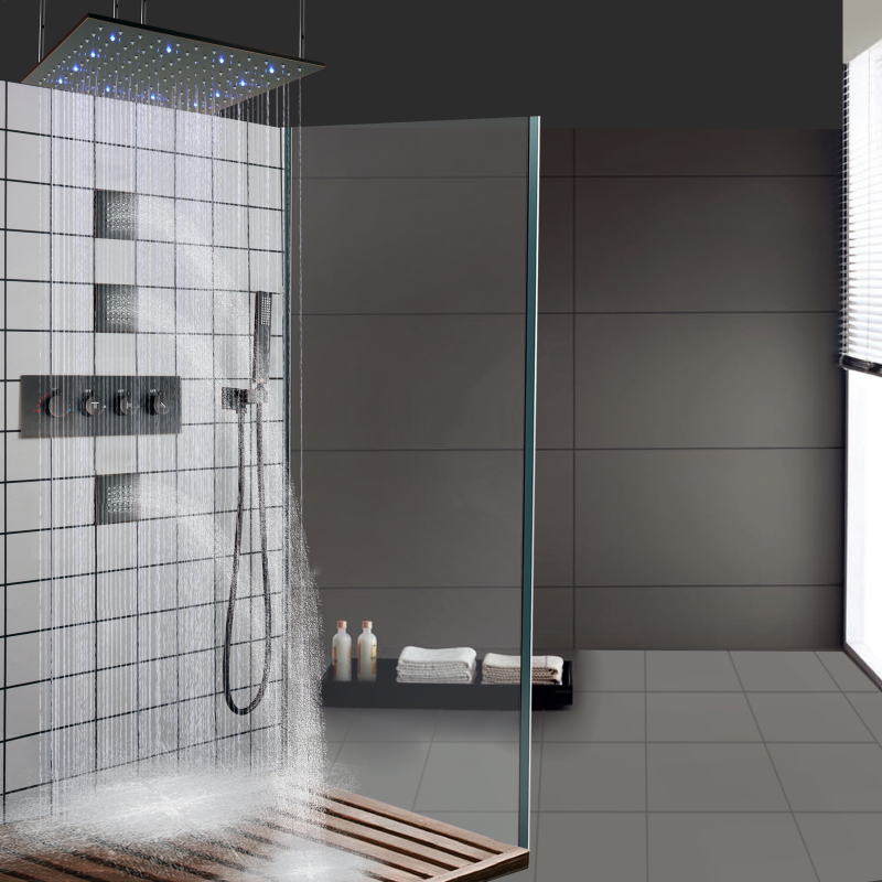 Sistema de ducha de lluvia termostática de bronce frotado con aceite, conjunto combinado de duchas de baño LED de 16 pulgadas con ducha de mano