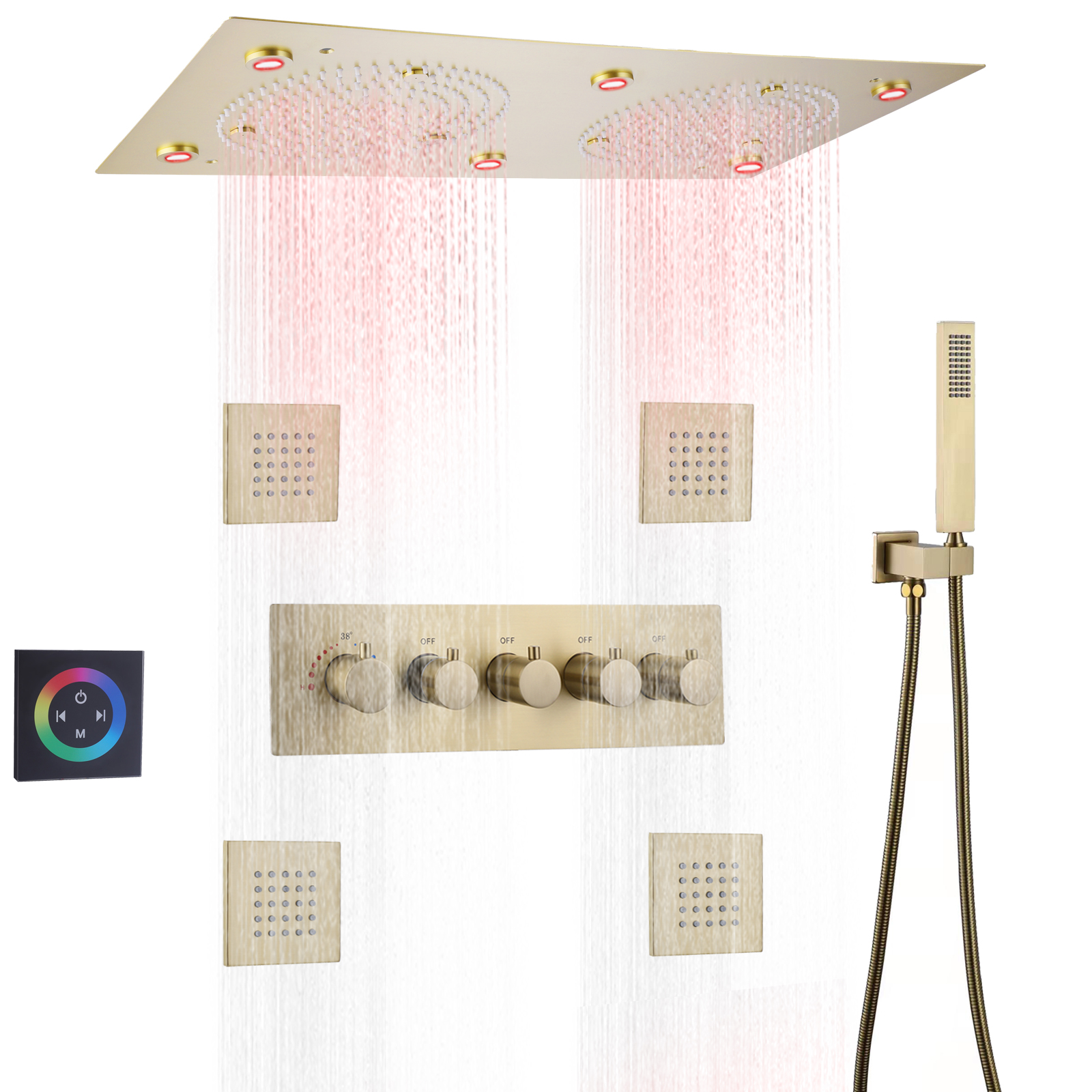 Cuarto de baño LED termostático Oro cepillado montado en la pared doble grifo lluvia niebla Hydro Jet masaje